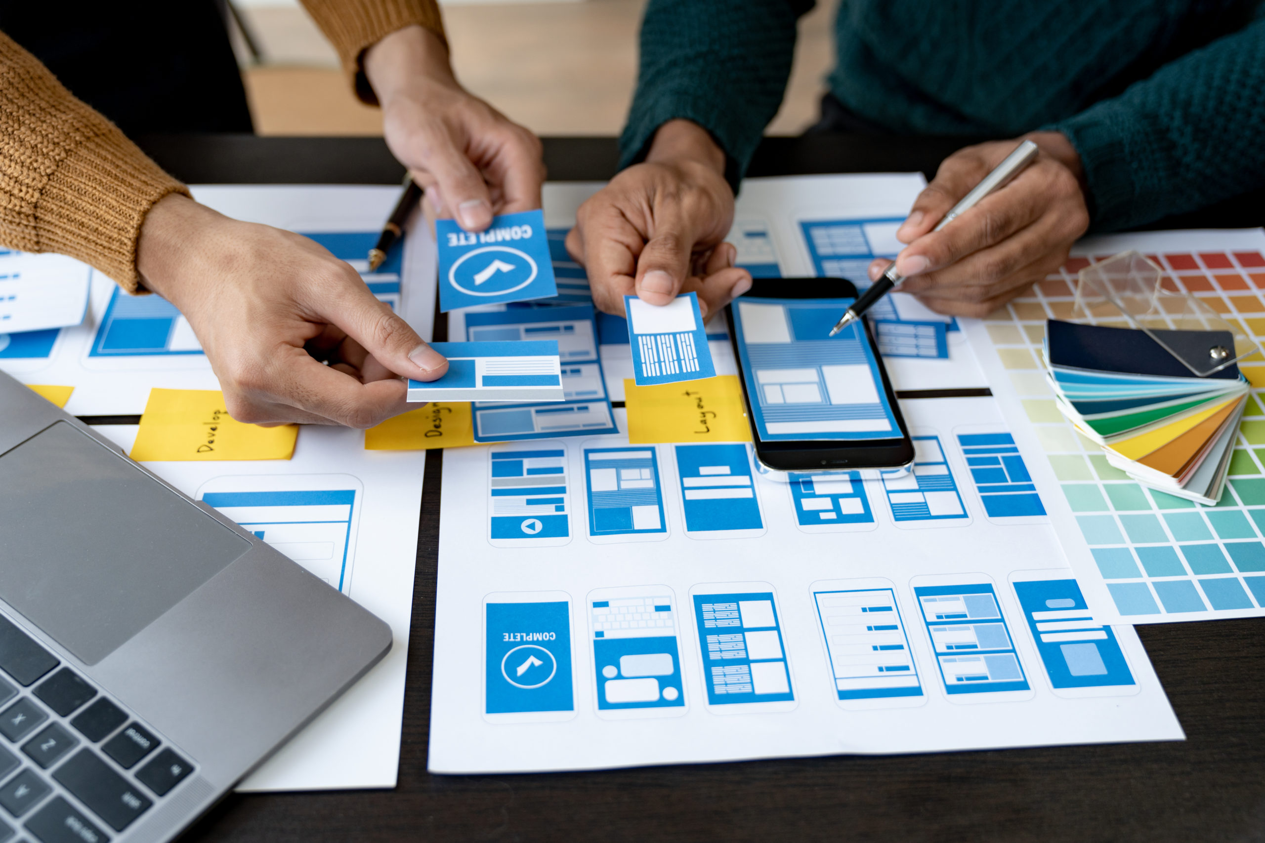 Creative Web, Graphic Designer, Tester team planning website ui app for mobile application development template layout. Prototyping wireframe development process program user experience concept.